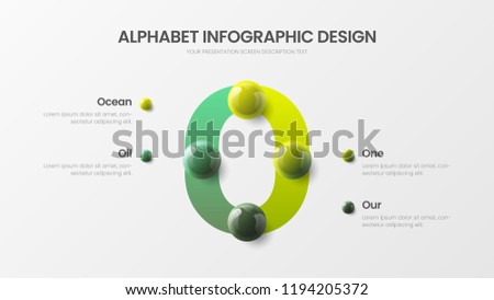 Amazing vector alphabet 4 option infographic 3D realistic colorful balls presentation. Bright multicolor character design illustration layout. Modern art O symbol graphics visualization template.