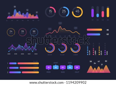 Intelligent technology vector interface for presentation. Network management data screen with colored charts and diagrams with steps, options, parts or processes. Infographic digital illustration.
