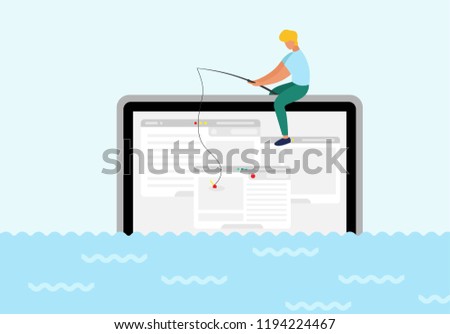 A man sit on computer trying to catch webpage on the hook. In ocean of ideas find your web design. Fresh form concept, pastel color. Startup, social media, advertising, marketing, UI UX process