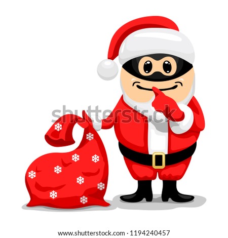 Concept of Secret Santa. Santa Claus wearing a black mask and secretly putting his finger to the lips. Vector illustration in cartoon style on white background.