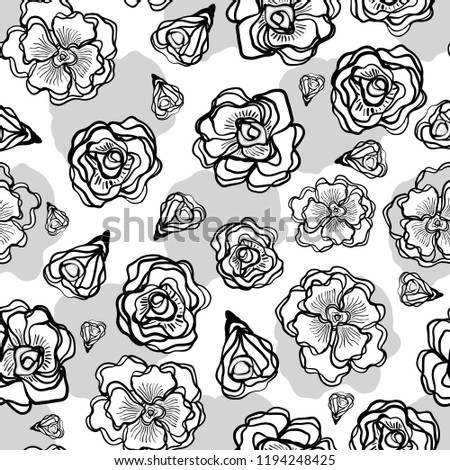 Black on White Flower Line Art Seamless Vector Pattern. Hand Drawn Floral Rose Texture Graphic for Packaging, Fashion Prints, Stationary, Paper Goods and Trendy Wrapping. Monochrome Style Backdrop.