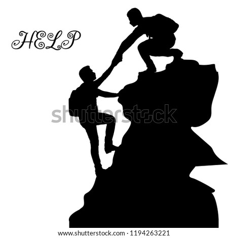 Silhouette of two people metaphor (help, support, friendship), on a mountain, hand in hand, on a white background, vector