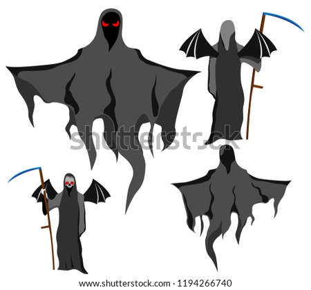 set of four grim Reapers with scythe and wings, instead of skull face, vector on white background