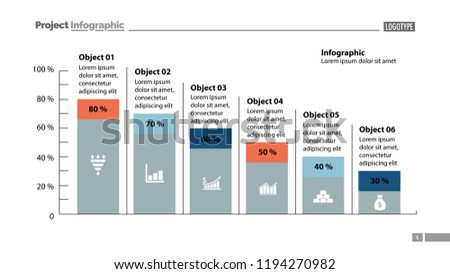 Six columns bar chart slide template. Business data. Percentage, declining, design. Creative concept for infographic, presentation, report. Can be used for topics like management, finance, statistics.