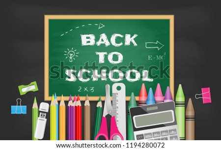 Back to school text on green chalkboard with school supplies. Vector illustration