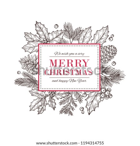 Christmas card. Happy new year background with pine branches berries and leaves. Vector illustration. Christmas pine and holiday xmas greeting