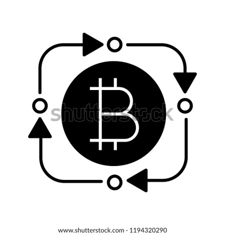 Bitcoin exchange glyph icon. Digital currency transaction. Silhouette symbol. Circle arrows with bitcoin inside. Refund cryptocurrency contour symbol. Fintech, big data. Vector isolated illustration