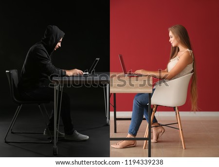 Young woman having online date with fake boyfriend. Concept of internet fraud Royalty-Free Stock Photo #1194339238