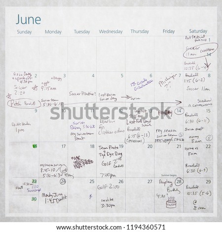 Old calendar background with generic writing and scribbles,  of children's sporting events and daily activites