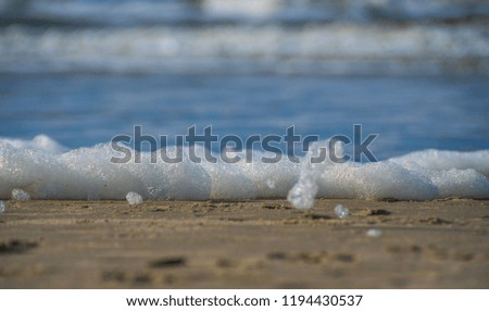 foam on the beach in the sand at the sea. in focus