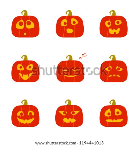Halloween pumpkins with different faces. Jack-o-lantern. A set of 9 elements. Funny vector flat icons collection. Stickers design.