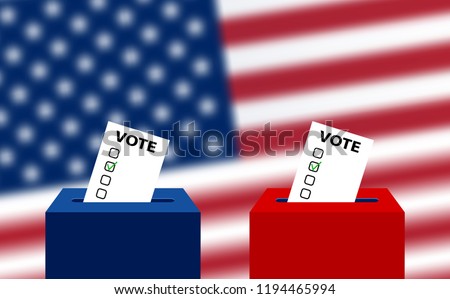 United States elections. US midterm elections 2018: the race for Congress. Elections to US Senate in 2018, preparation of vote against the background of a blurred American flag. Electoral Bulletin Royalty-Free Stock Photo #1194465994