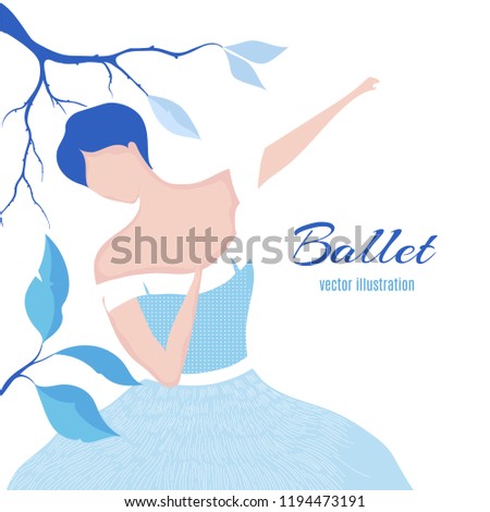Ballerina in a blue dress dancing.Flat illustration in fashionable style.Hand drawing of a young ballerina.Vector Illustration of a ballet dancer girl.