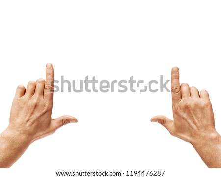 Future planning. Close up of men's hands making frame gesture isolated on white background. Copy spase. High resolution product
