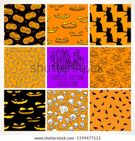 Halloween seamless patterns set with traditional items. Hand drawn vector holidays orange and black backgrounds. Bats, pumpkins, cats, skulls and bones.
