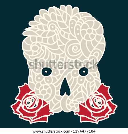 Day of The Dead or Halloween doodle beige skull with red roses, dark background and light contour. Hand drawn vector illustration.