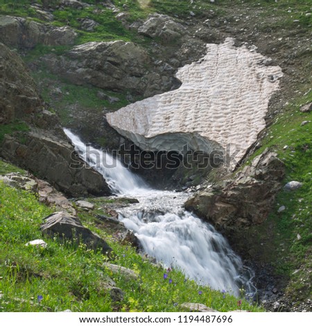 cascade of waterfalls on the river Chilik. Caucasus mountains, resort area Arkhyz