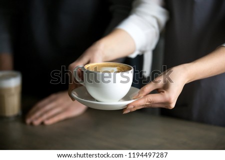 Close up of barista holding aromatic cappuccino, serving it to coffeeshop visitor, waitress giving cup of fresh brewed coffee with milk foam to café guest, bringing latte drink to coffeehouse table Royalty-Free Stock Photo #1194497287