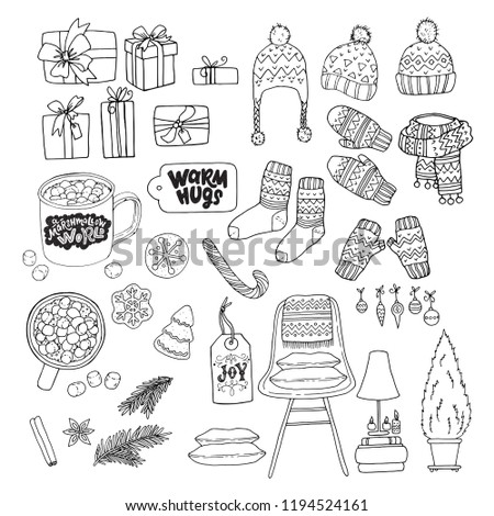 Big set of cozy Christmas essentials drawn in a sketch style. Line art handdrawn winter illustrations and lettering. Hats, scarves, gingerbread cookies, gifts and hot chocolate.