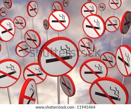 Illustrated no smoking signs over a cloudy photo