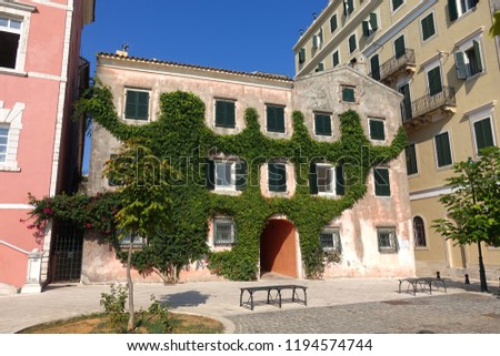 Photo from traditional Ionian architecture in district in old town of Corfu island, an Unesco world heritage site, Ionian, Greece           