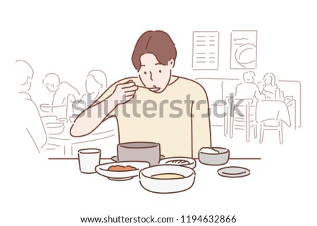 A man is sitting at a restaurant and is having a Korean meal. hand drawn style vector design illustrations.