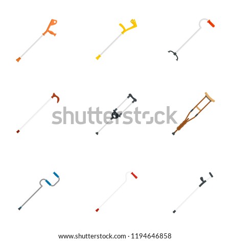 Crutches injury support care leg reliance icons set. Flat illustration of 9 crutches injury support care leg reliance icons for web