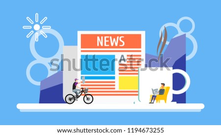 Business man reading newspaper with cup of coffee background. man rides on bicycle with news headline concept. Flay Tiny People Character. landing page design template Vector Illustration.