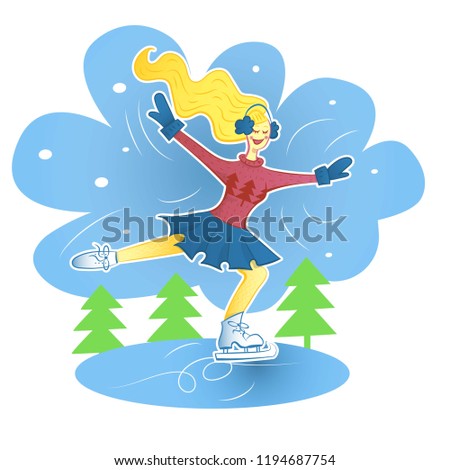 Winter outdoor activities. Skating. Vector illustration