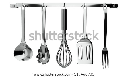 kitchen utensils hanging on white background Royalty-Free Stock Photo #119468905
