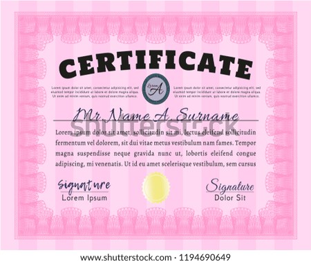 Pink Certificate. Detailed. With complex background. Artistry design. 