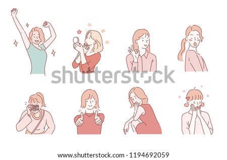 various girl's poses set. hand drawn style vector design illustrations.