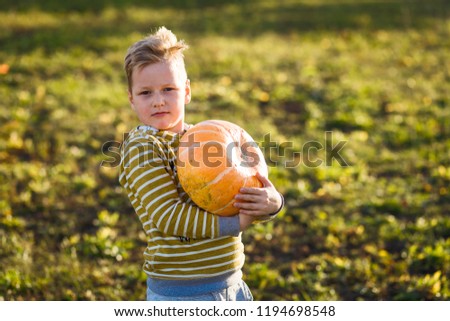 a child holds a big orange pumpkin outdoors