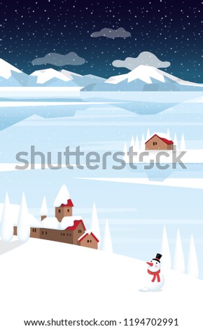 The illustration of the lake landscape for winter. Hills, trees, and houses on the mountain background.
