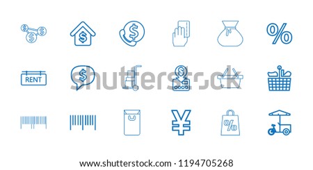 Vector  outline icons such as barcode, put money on card, fast food cart, dollar sign in cloud, bank support. editable buy icons for web and mobile.