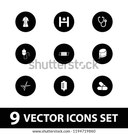 Hospital icon. collection of 9 hospital filled icons such as stethoscope, drop counter, nurse hat, nurse gown, pill. editable hospital icons for web and mobile.