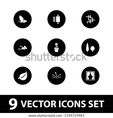 Decorative icon. collection of 9 decorative filled icons such as spu, tree, butterfly, leaf, slippers, window, flower pot. editable decorative icons for web and mobile.