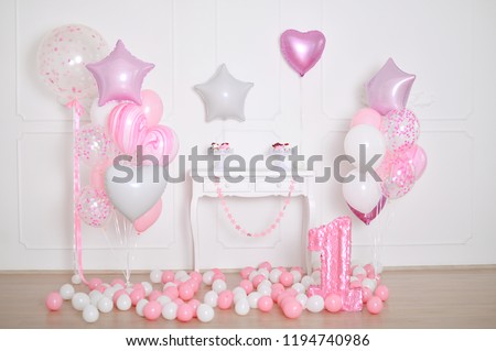 Children birthday. Decorations for children birthday. A lot of balloons pink color.