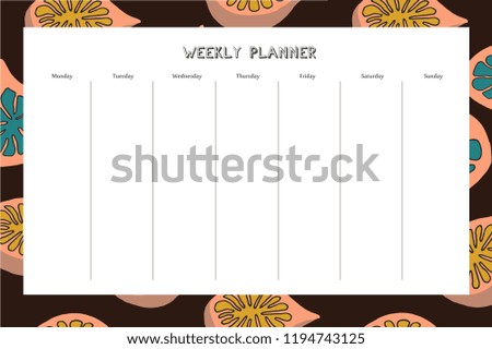 Weekly planner with fig pattern in hand drawn style. For print, office, school. Vector illustration