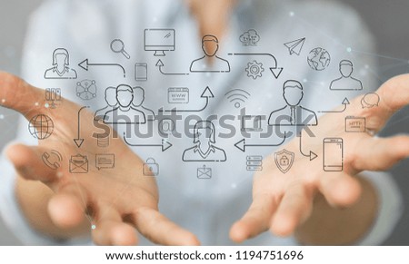 Businesswoman on blurred background using thin line social network icons interface