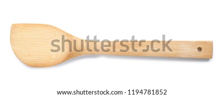 Kitchen utensil made of bamboo on white background, top view Royalty-Free Stock Photo #1194781852