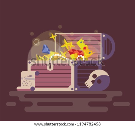 Open wooden chest full of shiny gold and treasure, with map and skull next to it. Hidden magic pirate treasure flat vector illustration.