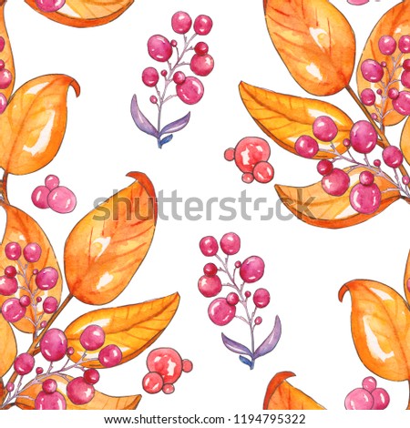 Branches with fall leaves seamless pattern, gold leaves and berries, autumn natural background, watercolor illustration, isolated on white background
