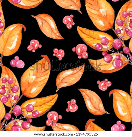 Branches with fall leaves seamless pattern, gold leaves and berries, autumn natural background, watercolor illustration, isolated on black background
