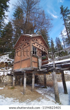 snowfall on a small house with a boat shelter on Lake Braies