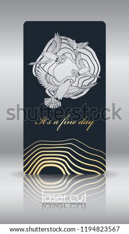 Laser cut pattern. Stylized flock of birds in the sky. Laser cutting for Wedding invitations, covers, cards, napkins. Laser cuttable silhouette on paper, wood, plastic. Elements of gold stamping