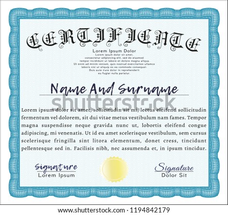 Light blue Certificate of achievement. With complex background. Customizable, Easy to edit and change colors. Good design. 