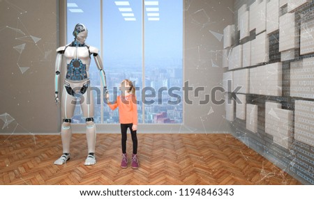 White robot standing in the room holding hands with a girl. 3d illustration.