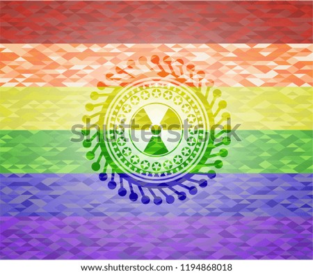 nuclear, radioactive icon inside emblem on mosaic background with the colors of the LGBT flag