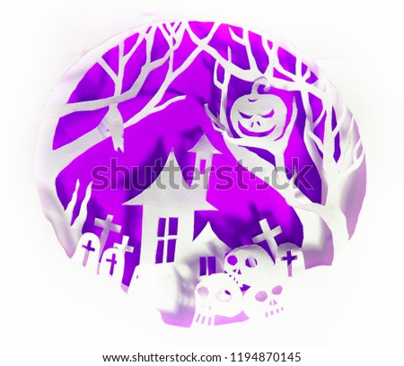 Halloween concept, Real paper cut with light and shadow on purple color background